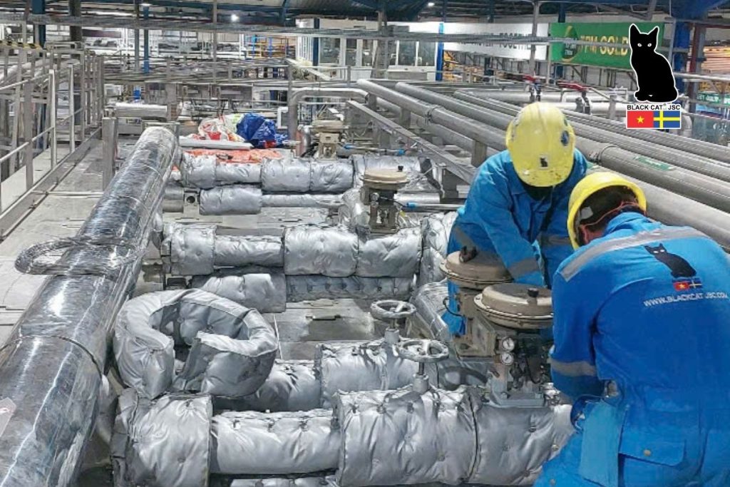Đội ngũ kỹ sư và công nhân Công ty Mèo Đen thi công cách nhiệt tại công trình công nghiệp trong lĩnh vực F&B